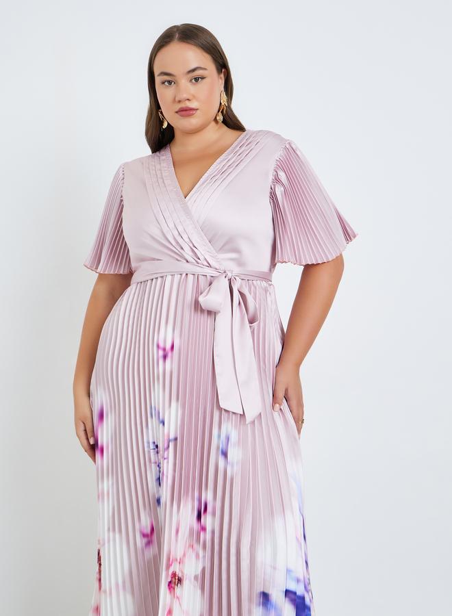 Plus Size Floral Pleated Wrap Midi Dress